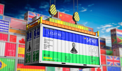 Freight shipping container with national flag of Lesotho - 3D illustration - obrazy, fototapety, plakaty