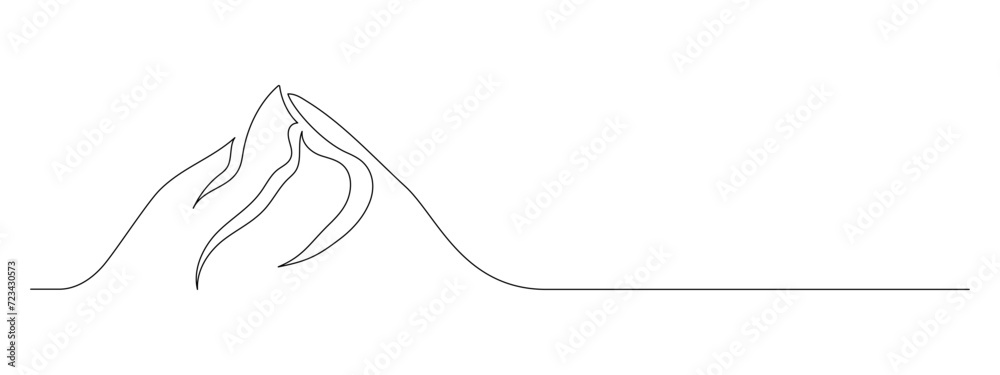 Leinwandbilder One continuous line drawing of mountain range landscape. Web banner with mounts in simple linear style. Adventure winter sports concept editable stroke. Doodle hand drawn vector illustration