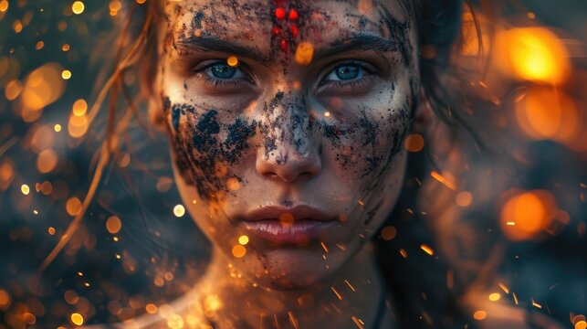 A closeup portrait of a woman warrior with a fierce expression, her face adorned with intricate war paint. The sparks that surround her seem to be drawn towards her, as if they are an extension