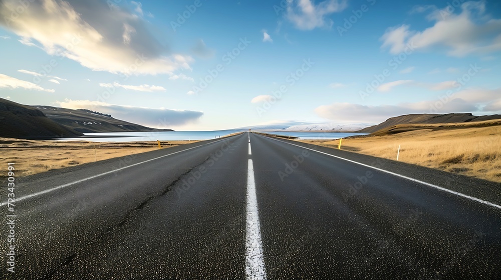 Poster diminishing perspective of asphalt empty roadway with road markings passing through scenic lake agai
