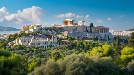 Parthenon and Herodium construction in Acropolis Hill in Athens, Greece. Beautiful landscape with green trees around ancient architecture. : Generative AI