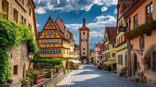 Beautiful postcard view of the famous historic town of Rothenburg ob der Tauber on a sunny day with blue sky and clouds in summer, Franconia, Bavaria, Germany : Generative AI