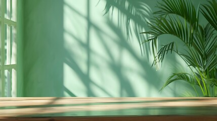 wood table green wall background with sunlight window create leaf shadow on wall with blur indoor green plant foreground.panoramic banner mockup for display of product.eco friendly int : Generative AI