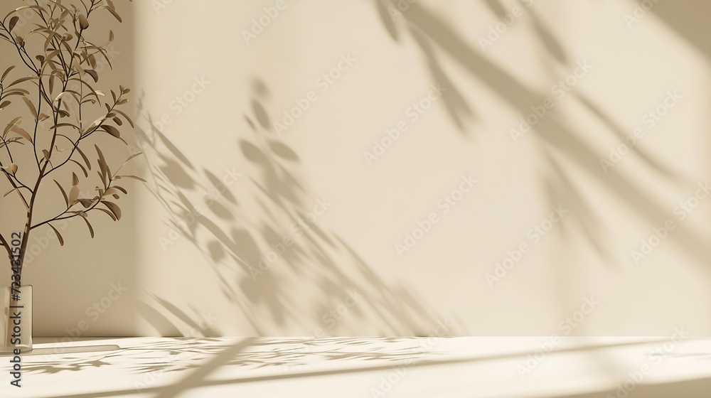 Poster Minimalistic abstract gentle light beige background for product presentation with light andand intricate shadow from the window and vegetation on wall. : Generative AI