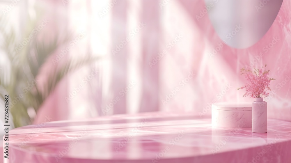 Poster products display concept. empty pink marble top table for product display with blurred bathroom inte