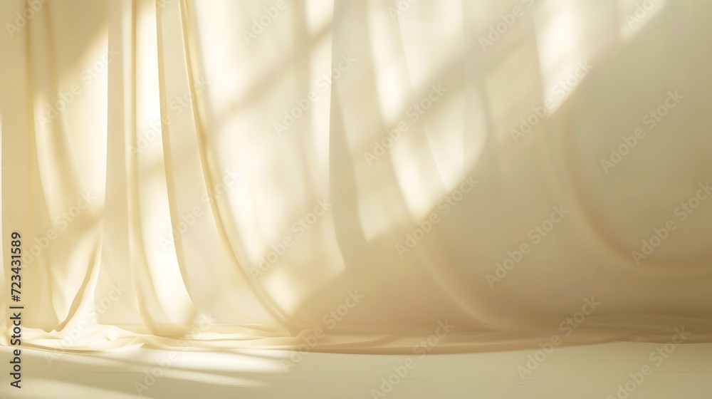 Poster Minimalistic abstract gentle light beige background for product presentation with light and shadow of window curtains on wall. : Generative AI