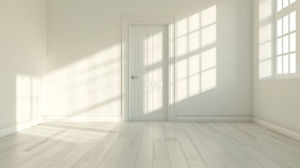 Fototapeta premium Interior of spacious empty refurbished living room with whitewash walls laminated floor with white door : Generative AI