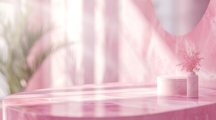 Products Display Concept. Empty pink marble top table for product display with blurred bathroom interior Background. : Generative AI