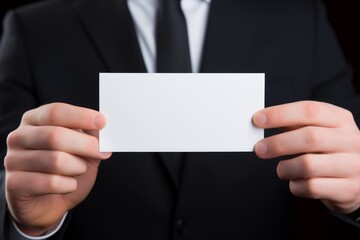 Person in black suit showing blank business card