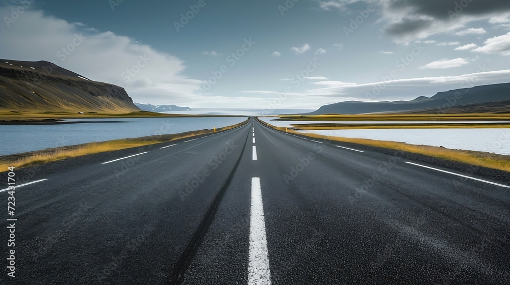 Poster diminishing perspective of asphalt empty roadway with road markings passing through scenic lake agai