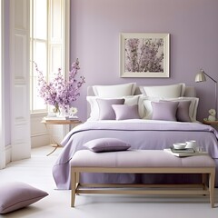 A bedroom designed to evoke a sense of calm with a soothing lavender color palette. Picture lavender walls, soft bedding, and plush carpeting.