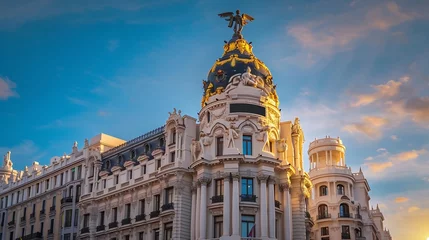  An emblematic building in the city of Madrid, Spain, with the soft golden tones of the setting sun and a serene deep, clear blue sky in the background : Generative AI © Generative AI