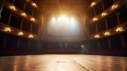 Wide shot of an Empty Elegant Classic Theatre with Spotlight Shot from the Stage. Well-lit Opera House with Beautiful Golden Decoration Ready to Recieve Audience for a Play or Ballet S : Generative AI - obrazy, fototapety, plakaty