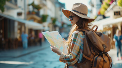 Young female tourist in a hat with a backpack is looking at a map in a tourist town .