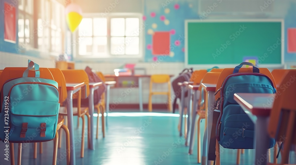 Poster interior of stylish empty classroom with backpacks and stationery : generative ai