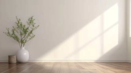 White classic wall background, brown parquet floor, home furniture detail, frame and vase of plant. : Generative AI