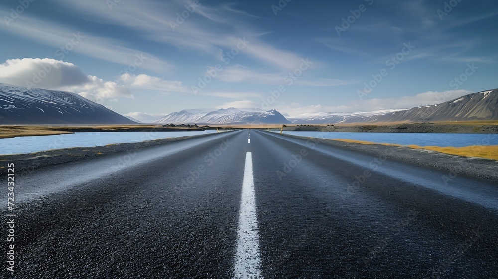 Poster diminishing perspective of asphalt empty roadway with road markings passing through scenic lake agai