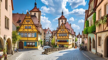 Beautiful postcard view of the famous historic town of Rothenburg ob der Tauber on a sunny day with blue sky and clouds in summer, Franconia, Bavaria, Germany : Generative AI
