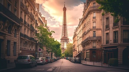 cosy Paris street with view on the famous Eiffel Tower on a cloudy summer day, Paris France, retro...