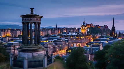 View from Calton Hill over the historic Old Town at night, dusk, Edinburgh, Scotland, United Kingdom, Europe : Generative AI