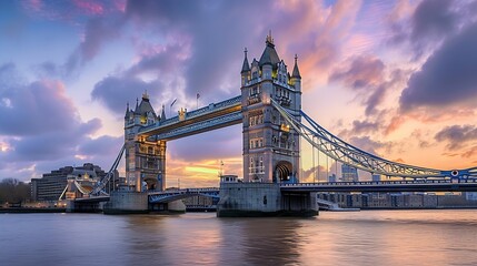 Fototapeta na wymiar Tower Bridge in London, the UK. Sunset with beautiful clouds. Drawbridge opening. One of English symbols : Generative AI