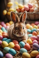 Fototapeta na wymiar A fluffy brown rabbit sits in the center of the image, surrounded by Easter eggs. The eggs are in various shades of blue, green, yellow, and brown. The scene is set on a wooden table with a basket of 