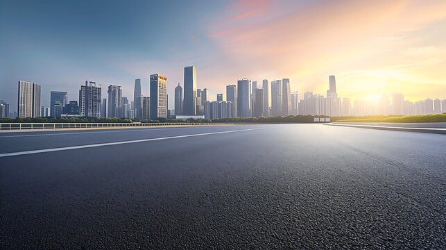 Panoramic skyline and modern commercial buildings with empty road. Asphalt road and cityscape at sunrise : Generative AI