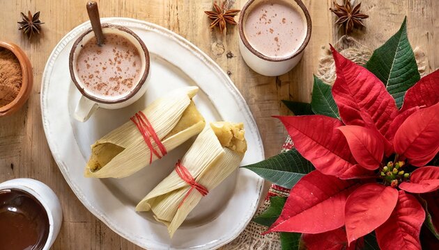 Christmas holiday table with tamales and poinsettias