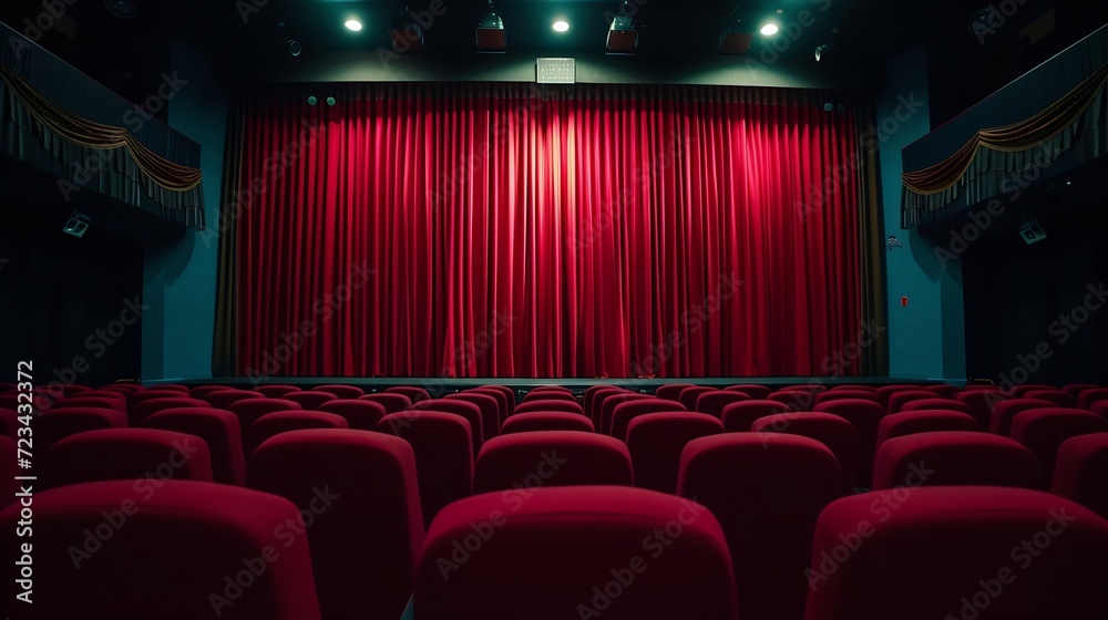 Aufkleber Darkened empty movie theatre and stage with the red curtains drawn viewed over rows of vacant seats from the rear : Generative AI