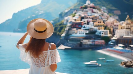 Holidays on Amalfi Coast. Back view of beautiful fashion girl enjoying view of Atrani village on Amalfi Coast. Summer vacation in Italy. : Generative AI - obrazy, fototapety, plakaty