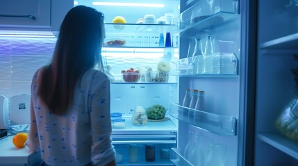 Point of view POV inside refrigerator Caucasian girl hungry woman open fridge at home kitchen look at empty shelves order food products delivery with mobile phone app online service we : Generative AI - obrazy, fototapety, plakaty