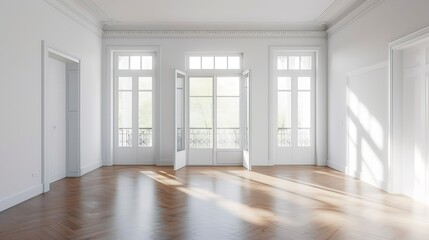 Interior of empty spacious living room with white walls and laminated floor with doors leading to balcony : Generative AI