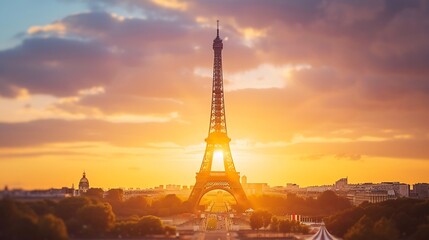 Eiffel Tower at sunset in Paris, France. Romantic travel background. : Generative AI - obrazy, fototapety, plakaty