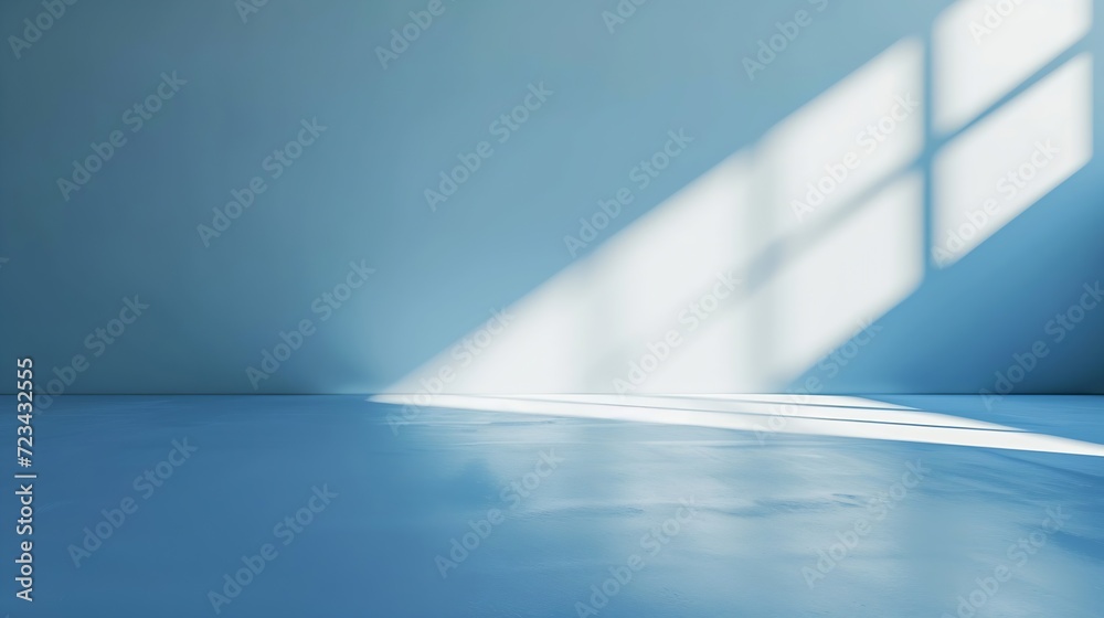 Poster Light blue empty wall and smooth floor with interesting light glare. Background for the presentation. : Generative AI