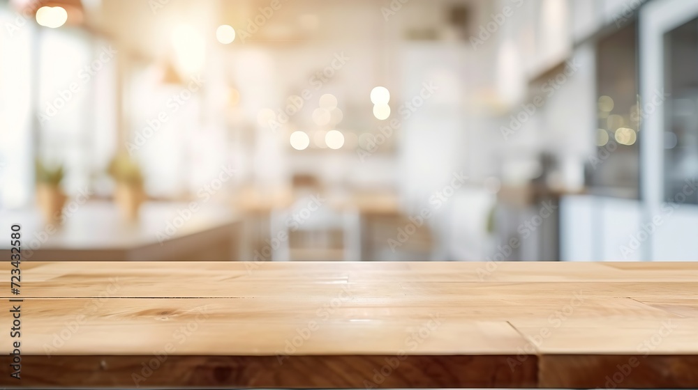 Poster empty beautiful wood table top counter and blur bokeh modern kitchen interior background in clean an