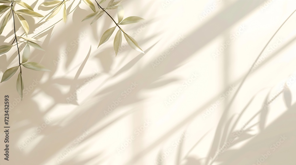 Poster Minimalistic abstract gentle light beige background for product presentation with light andand intricate shadow from the window and vegetation on wall. : Generative AI