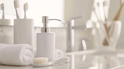 Fototapeta na wymiar Soap dispenser, toothbrushes and white towel on bathroom counter interior : Generative AI