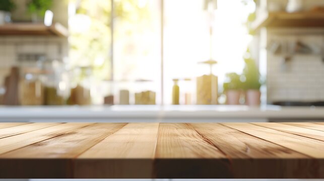 Empty Beautiful wood table top and blur bokeh modern kitchen interior background in clean and bright, Ready for product montage : Generative AI