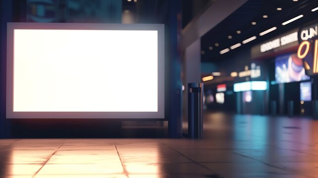 blank showcase billboard or advertising light box for your text message or media content with blurred image of ticket sales counter at movie theater, advertisement, marketing, entertai : Generative AI