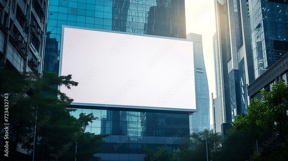 Poster large horizontal blank advertising poster billboard banner mockup in front of building in urban city