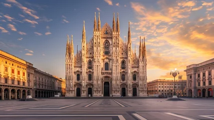 Papier Peint photo Milan Milan Cathedral, Duomo di Milano, Italy, one of the largest churches in the world on sunrise : Generative AI