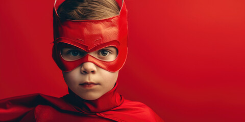 Playful kid superhero on a red background