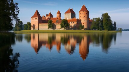 Naklejka na ściany i meble Trakai Island Castle in lake Galve in day, Lithuania. Trakai Castle is one of major tourist attractions of Lituania : Generative AI