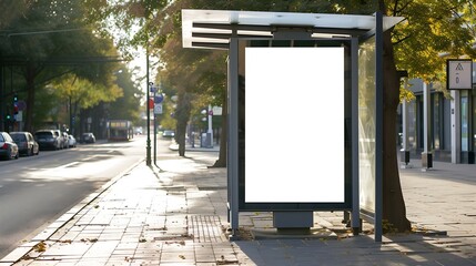 bus shelter at busstop. blank white lightbox. empty billboard. bus shelter ad. glass and aluminum structure. transit station. urban setting. city street background. stone sidewalk. bas : Generative AI - Powered by Adobe