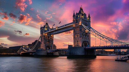 Tower Bridge in London, the UK. Sunset with beautiful clouds. Drawbridge opening. One of English symbols : Generative AI