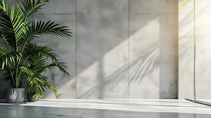 Blank concrete wall in modern empty room with tropical plant garden. Luxury house interior with green palm trees. Minimal architecture design. : Generative AI