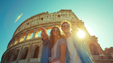 Three young friends tourists posing for funny pictures in front of colosseum in rome. Blue sky and lens flare on sunny day. : Generative AI