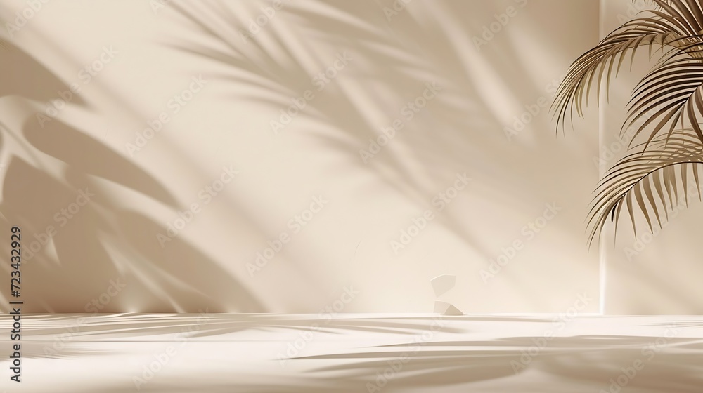 Poster Minimalistic abstract gentle light beige background for product presentation with light andand intricate shadow from the window and vegetation on wall. : Generative AI