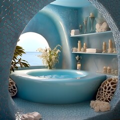a bathroom that transports you to the depths of the ocean. Picture watery blue tiles covering the walls and floor.