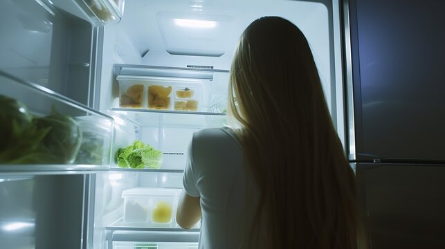 Point of view POV inside refrigerator Caucasian girl hungry woman open fridge at home kitchen look at empty shelves order food products delivery with mobile phone app online service we : Generative AI
